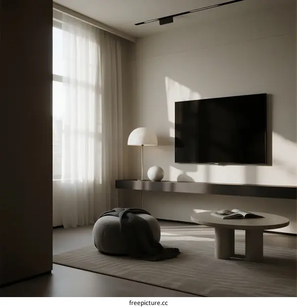 Minimalist living room with large TV and modern furniture