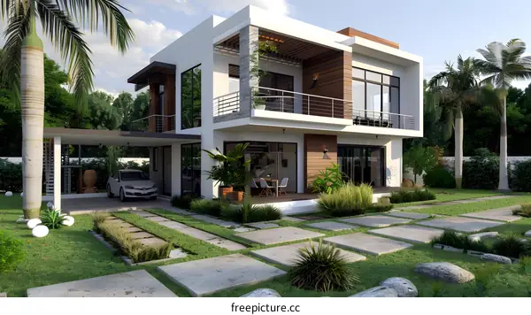 Modern Two Story House with Tropical Garden Design