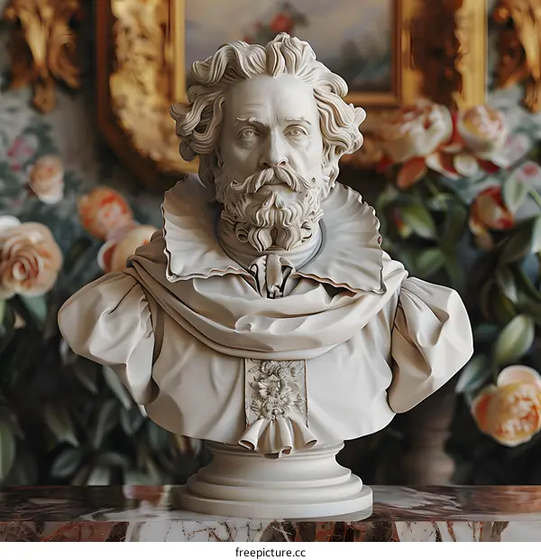 3D rendering of a white marble bust of a man with long curly hair and a beard, wearing a ruff collar and a sash with a floral pattern.
