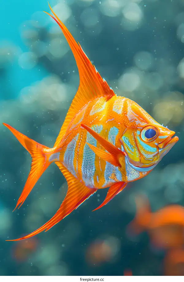 A vibrant and colorful reef fish with orange fins and blue stripes