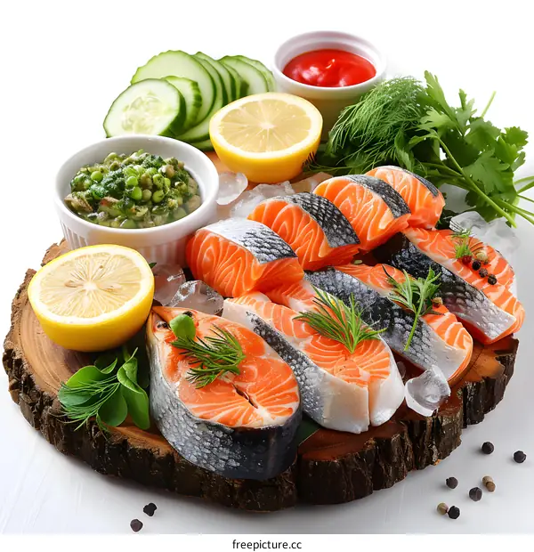 Fresh Salmon with Herbs and Spices on Wooden Board