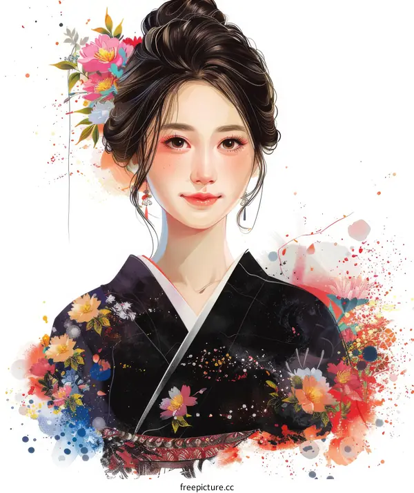 A beautiful Japanese woman in a kimono with a floral pattern