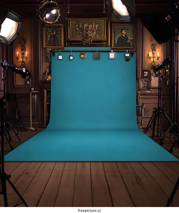 Blue Backdrop Photography Studio With Lighting Equipment