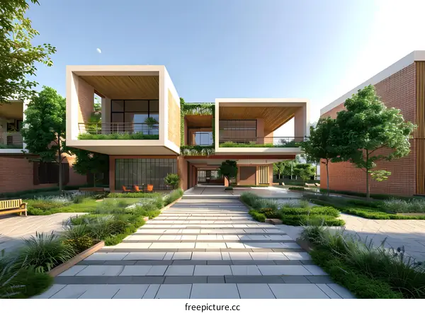 Modern Architecture Design with Green Plants and Pathway