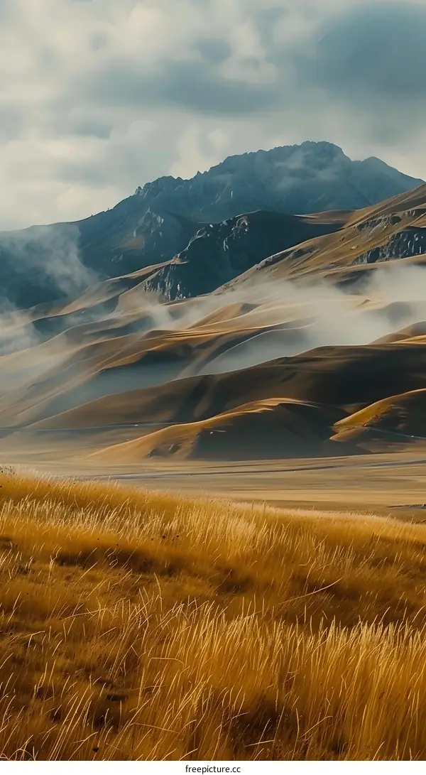 Mountain Landscape with Fog and Golden Grass