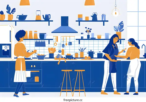 Three Women Cooking Together in a Kitchen