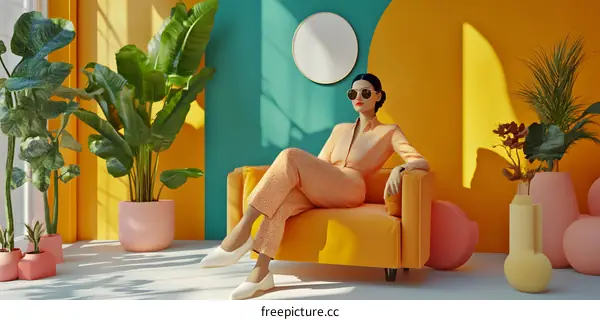 Woman in Sunglasses Sitting in a Yellow Chair with Plants in the Background