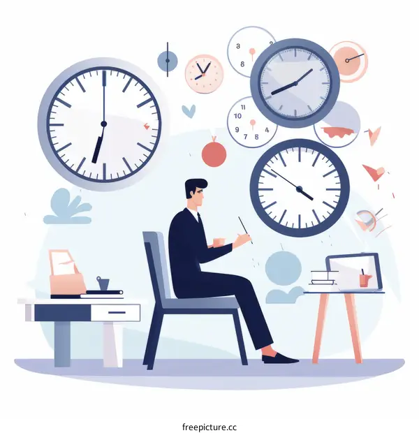 Businessman sitting at desk with clocks