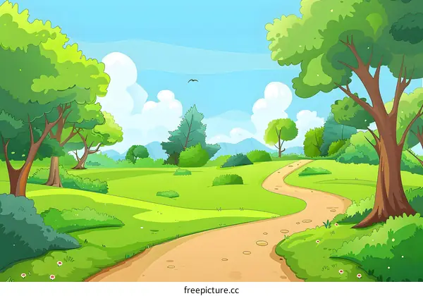 Cartoon Illustration of a Winding Path Through a Green Forest