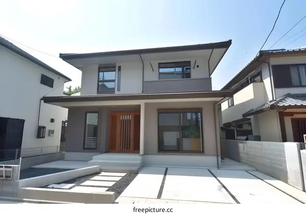 Modern Two Story Japanese House With Wooden Front Door