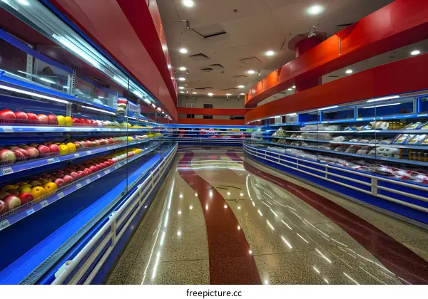Supermarket Interior with Colorful Fruits and Produce Displayed in Refrigerated Cases