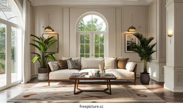 Arched floor-to-ceiling windows living room