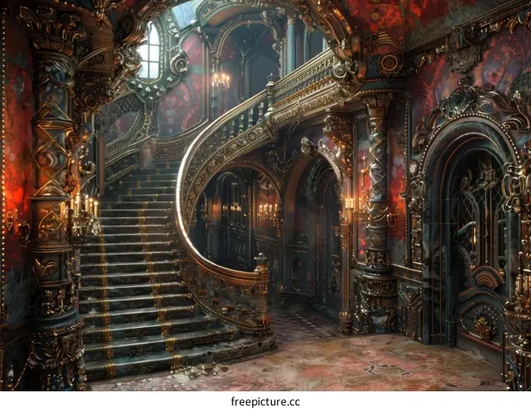 Ornate Spiral Staircase in a Majestic Hallway