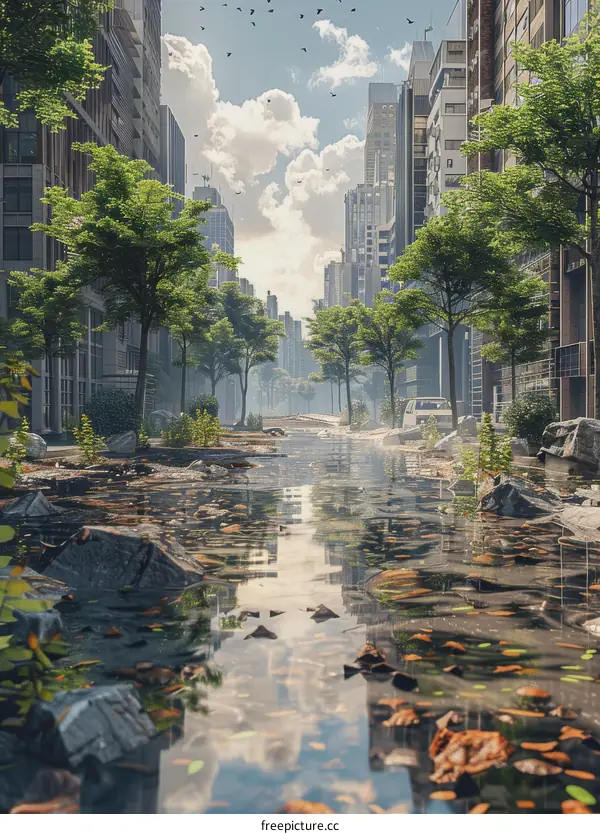 Post-Apocalyptic City Street with Reflections
