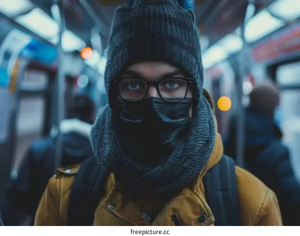 Portrait of a Man Wearing a Face Mask in a Subway