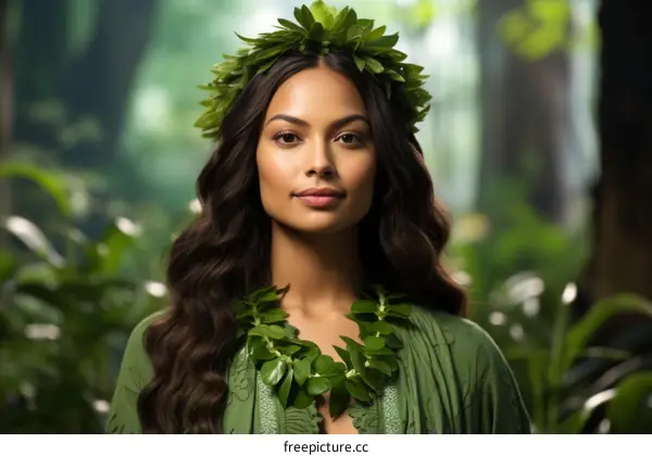 portrait of a beautiful young woman wearing a green dress and a lei