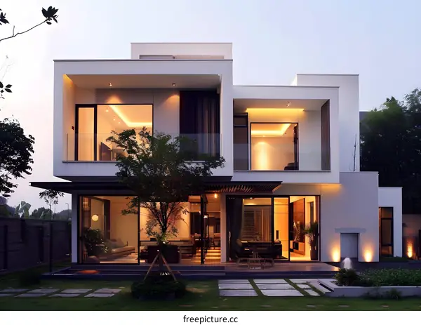 Modern Minimalist House Exterior Design with Glass Windows and a Large Lawn