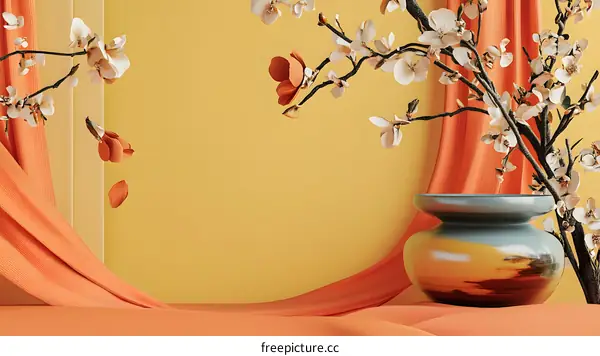 Minimalist Flower Arrangement with Orange Silk Fabric and Yellow Background