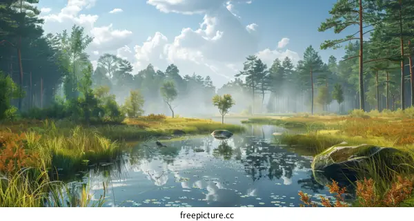 Misty Forest Lake Bathed in Early Morning Sunlight