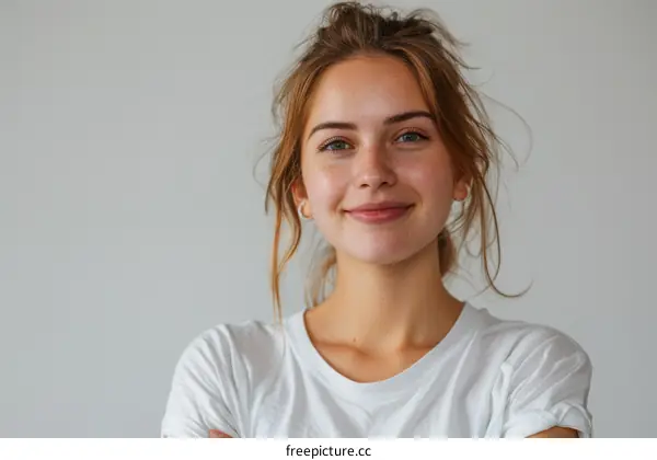 portrait of a young woman with freckles and brown hair