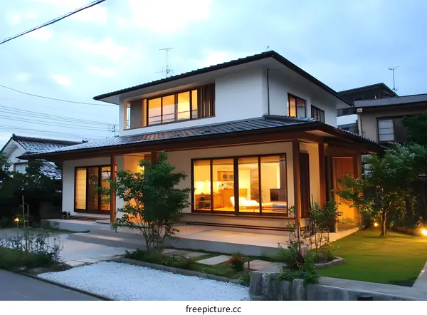 Modern Japanese Style House with Garden at Dusk