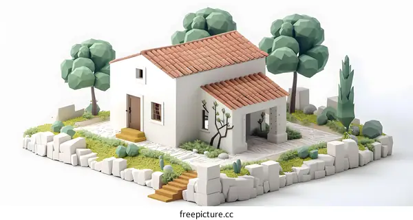 A small white house with a red roof and a garden