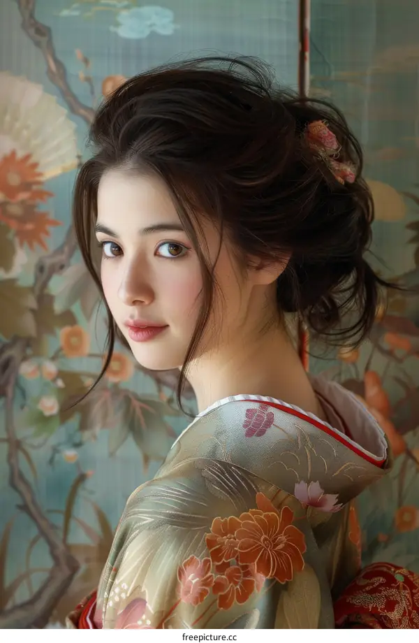 Portrait of a beautiful Asian woman in traditional Japanese kimono