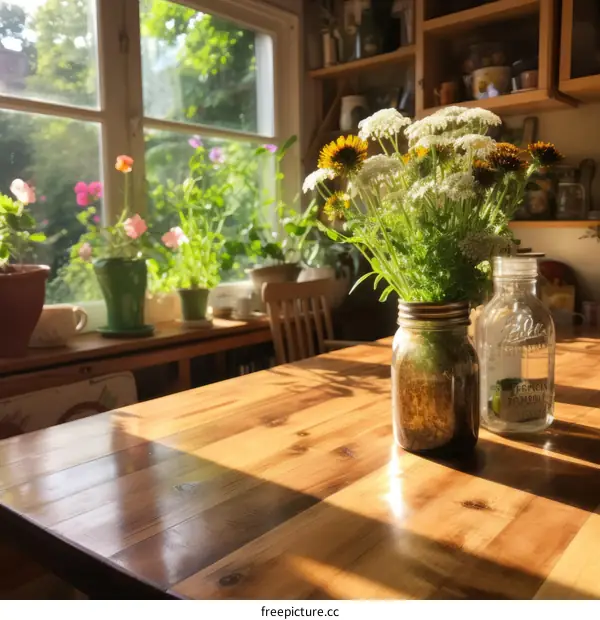 A beautiful bouquet of flowers sits on a wooden table in front of a window