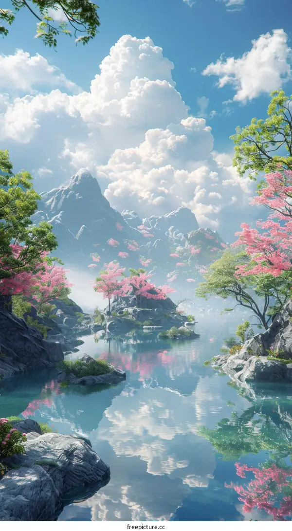 Serene Landscape with Azure Waters and Scarlet Mountains