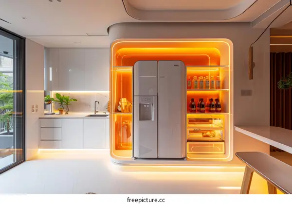 Futuristic Kitchen: Modern Design with Curved Cabinets and Neon Lighting
