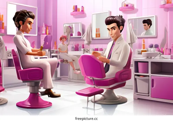 Two men in a pink hair salon