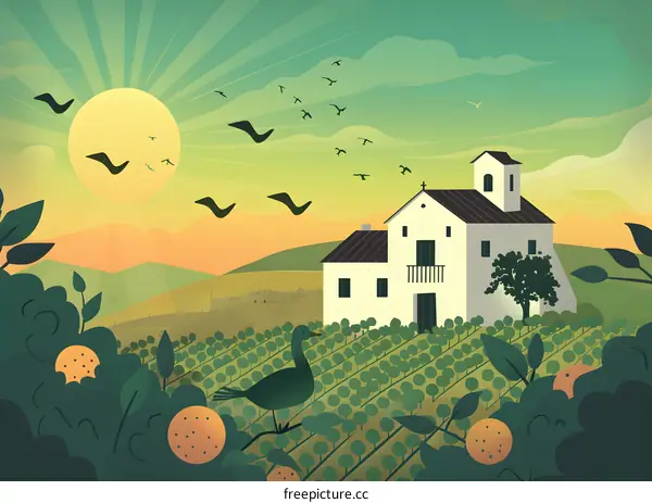 Sunrise over the Countryside with a White Church