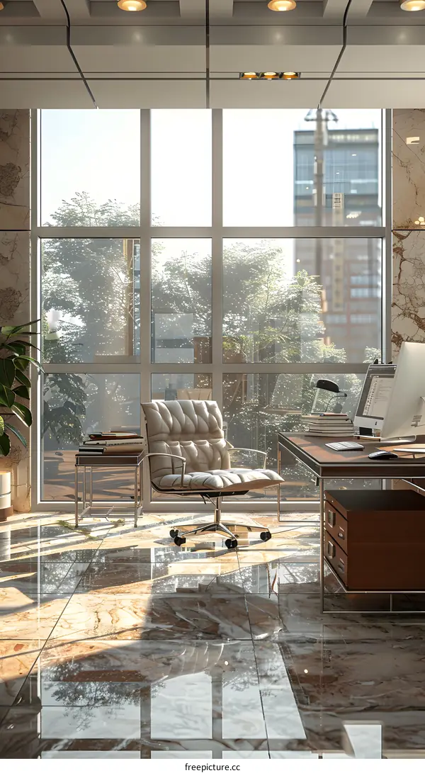 Modern office interior with large windows and a view of the city