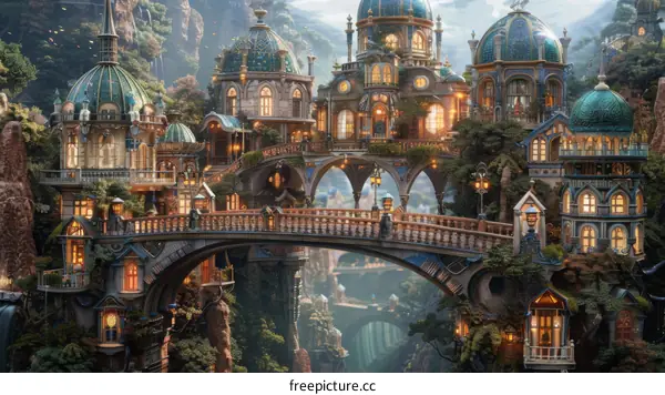 Fantasy City with a Waterfall Cascading Through Its Center