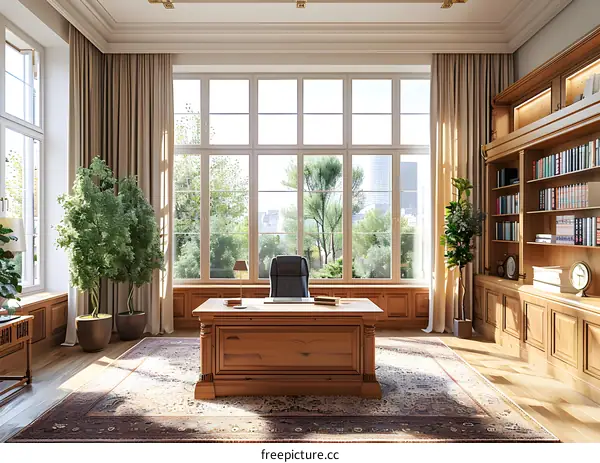 Luxury home office interior with a large windows