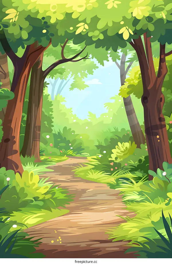 Green Forest Path with Lush Greenery Illustration