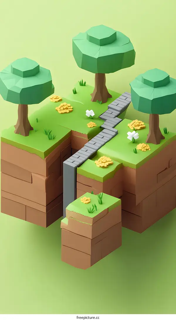 Low Poly 3D Illustration of a Floating Island With Trees and a Path