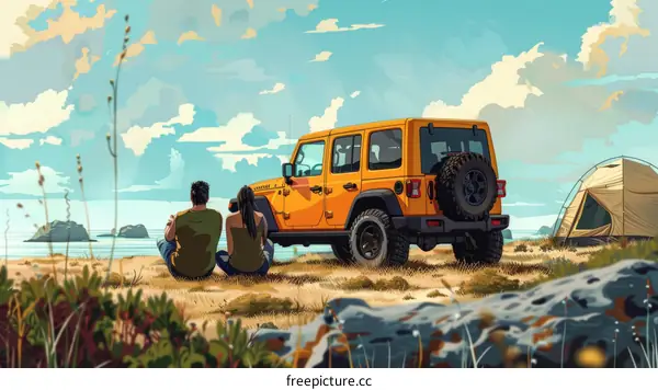 An illustration of a couple watching the sunset from a beach.