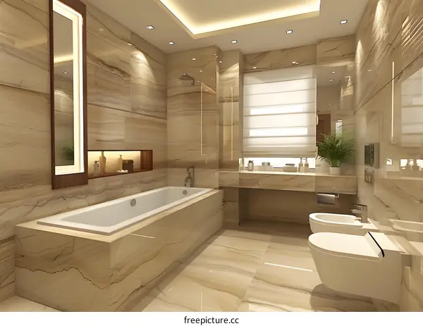 Lavish bathroom interior with marble walls and golden elements
