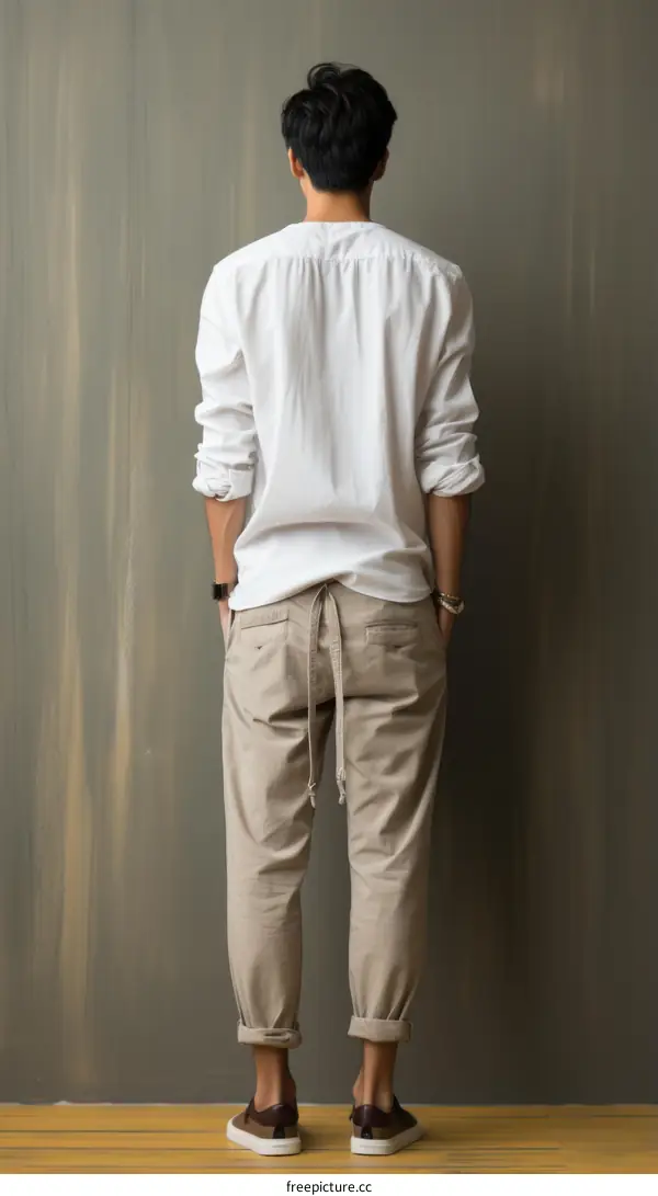 Asian man standing with his hands in his pants pockets