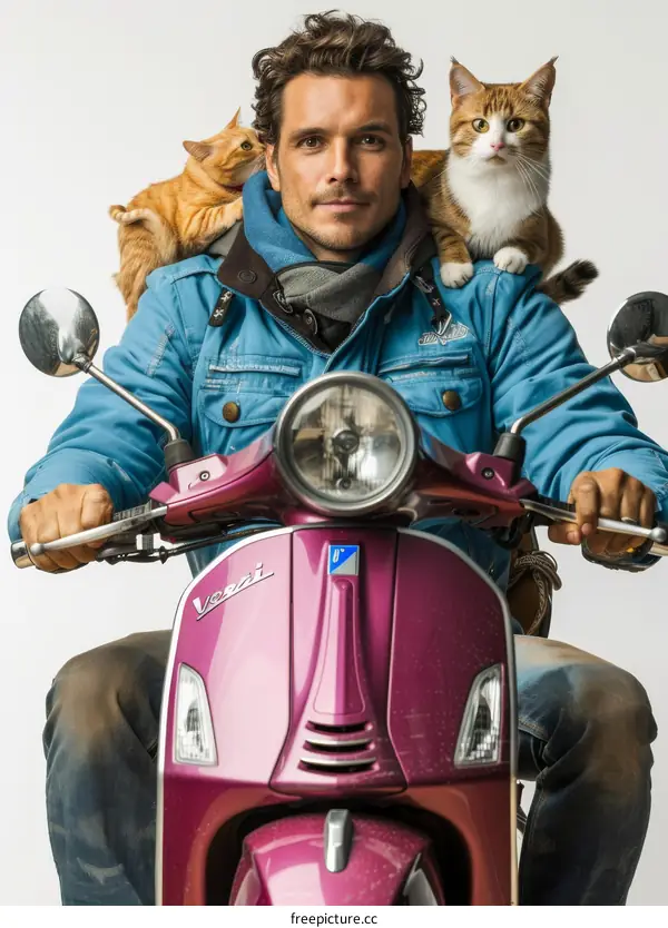 Man with two cats on a scooter