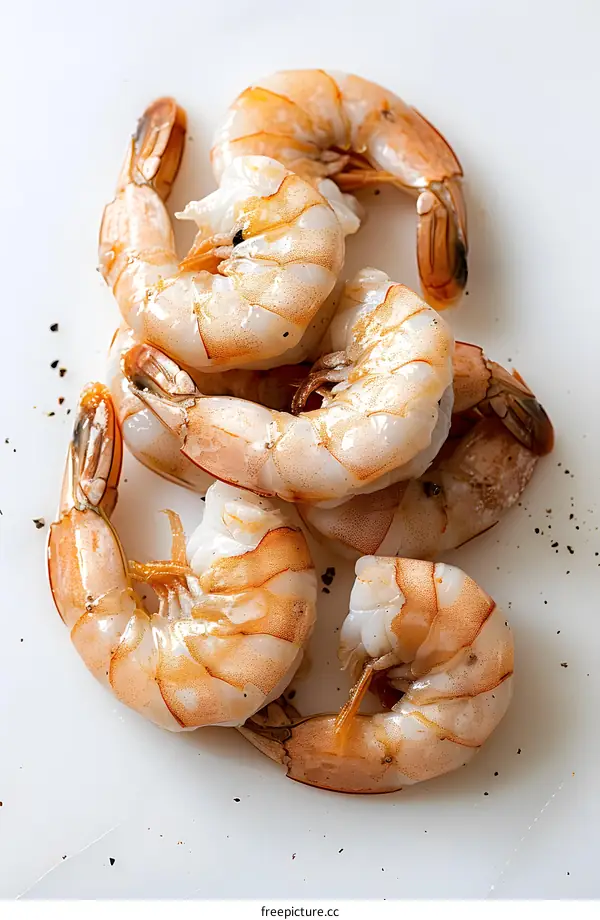 Several raw shrimps on a white surface