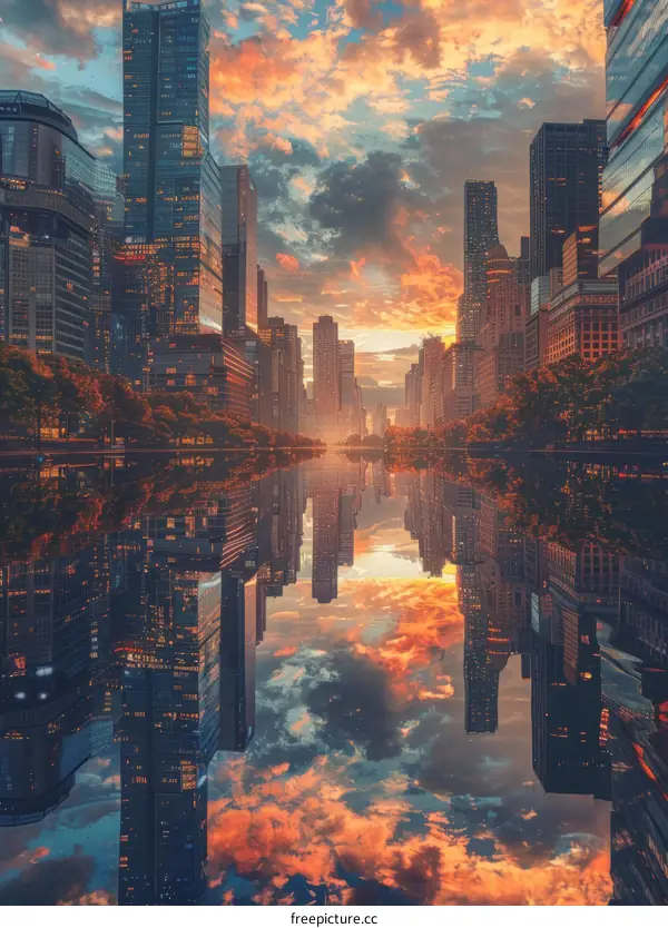 Cityscape Sunset Reflection Fantasy