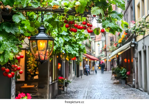 Vintage Street Lamp Hanging in Front of European Buildings