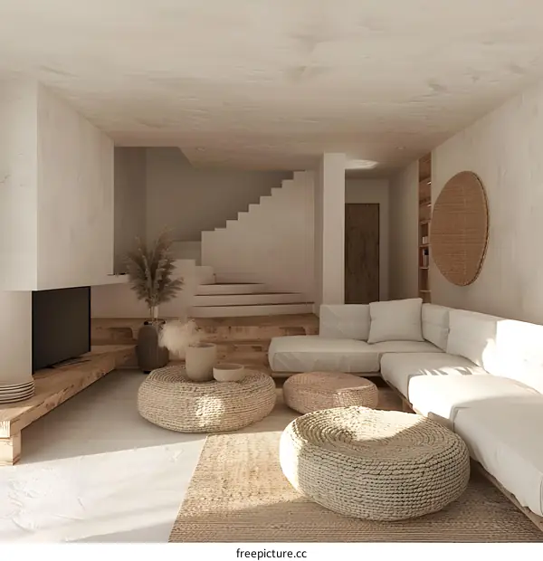 Minimalist Living Room with Beige Sofa and Wicker Coffee Tables