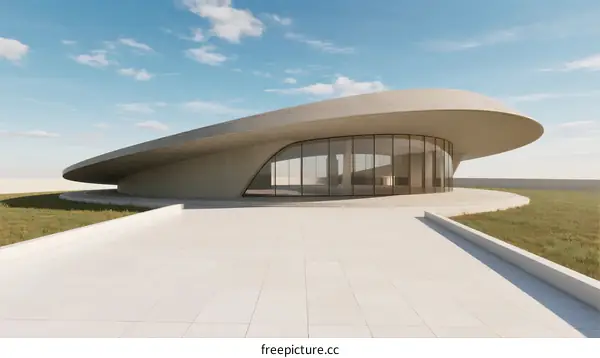 Modern Curved Building with Glass Facade and Open Space Design