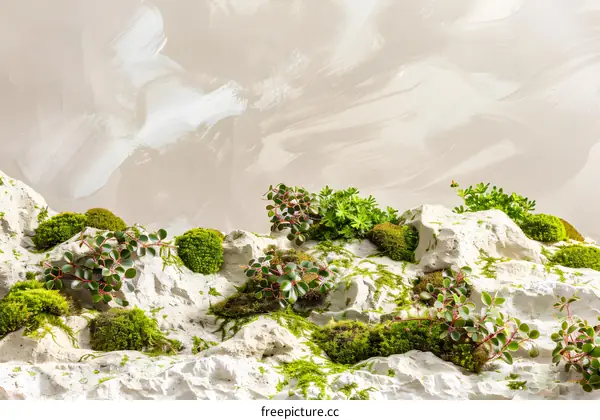 Close Up View of Lush Green Moss Growing on Rocks Against Light Beige Wall