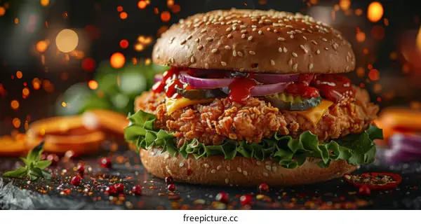 Crispy fried chicken sandwich with lettuce, tomato, onion, and pickles