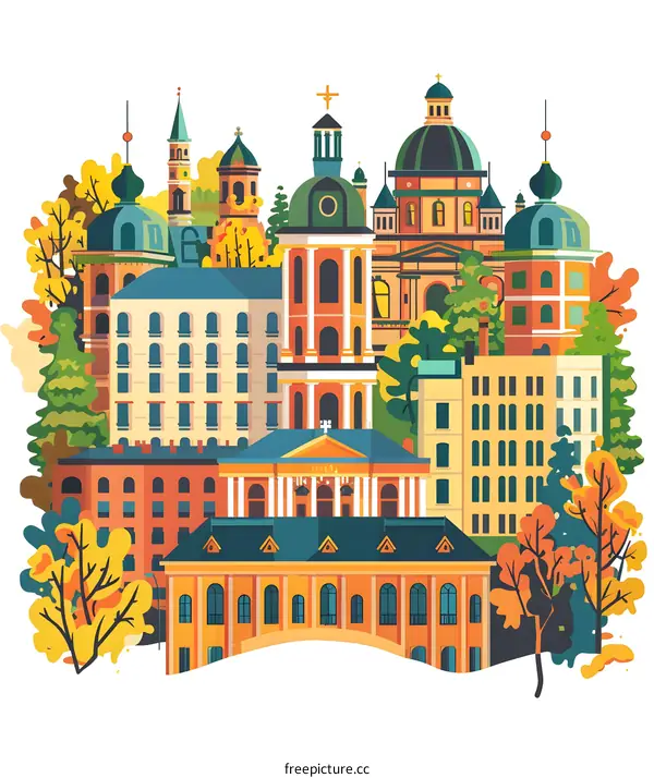 Colorful Illustration of a City with Buildings and Trees