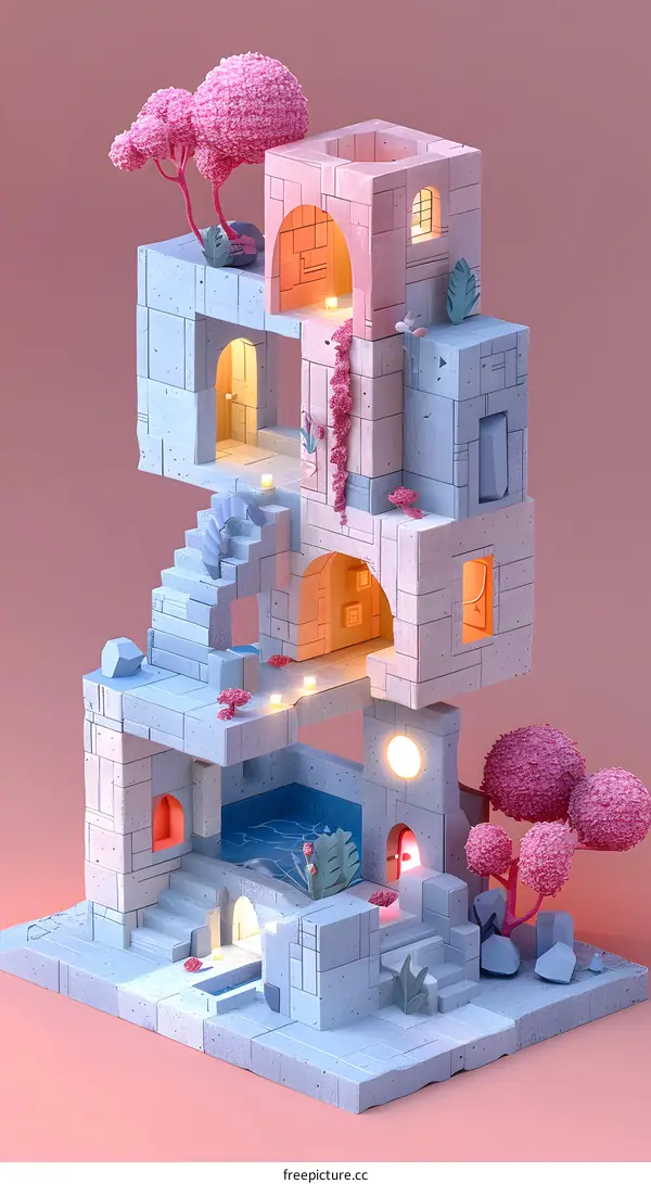 A 3D rendering of a pink and blue geometric structure with stairs, arches, and trees.